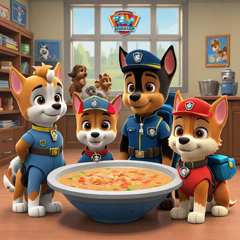 a group of dogs standing around a bowl of food in a room with a window and a book shelf, sots art, concept art, Charles Fremont Conner, promotional image