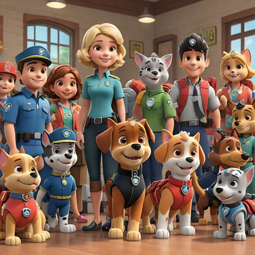 a group of people and dogs in a room with windows and a fireman in uniform and a police officer, sots art, a digital rendering, disney, promotional image
