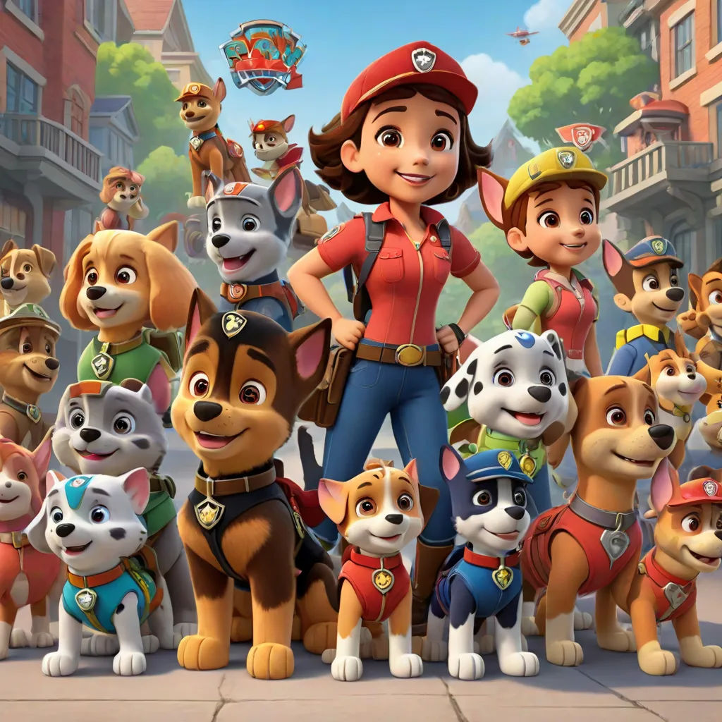 a woman standing in front of a group of dogs in a cartoon style scene with a fireman and a fire truck, furry art, concept art, disney, promotional image