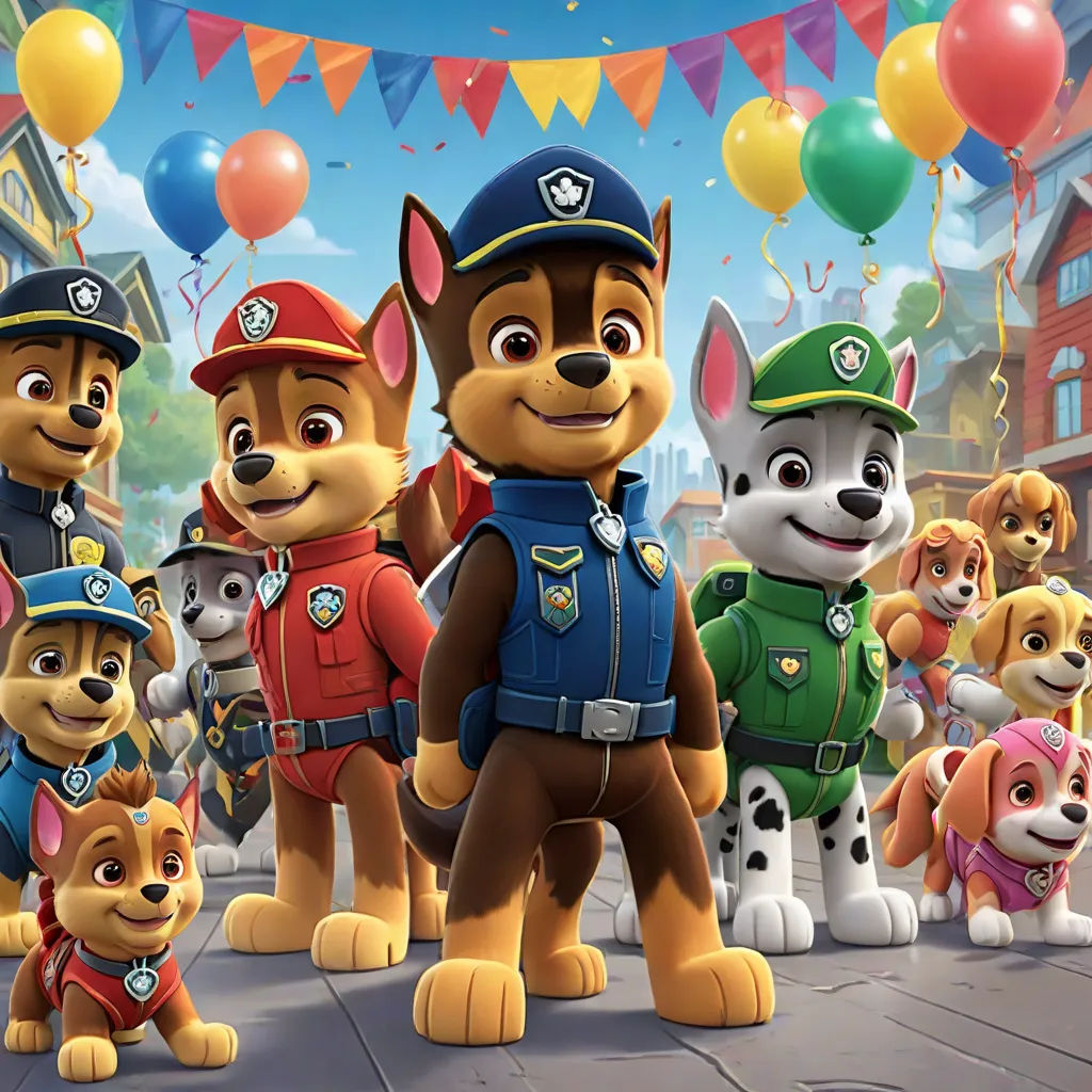 a group of cartoon dogs standing on a street with balloons and streamers in the background, with a banner in the background, furry art, a poster, Charles Fremont Conner, promotional image