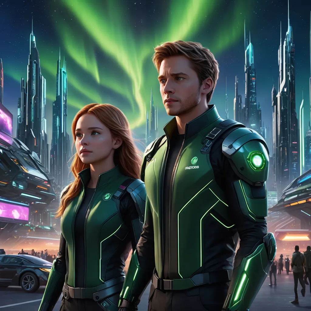 a man and a woman in futuristic suits standing in front of a cityscape with neon lights and a green neon, retrofuturism, concept art, Chris LaBrooy, key art