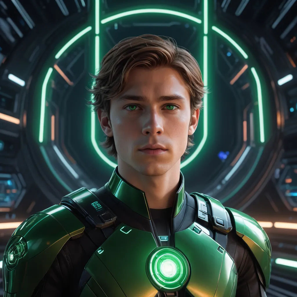 a man in a green suit standing in front of a neon background with a green light on his chest, photorealism, computer graphics, Everett Warner, unreal engine 5 highly rendered