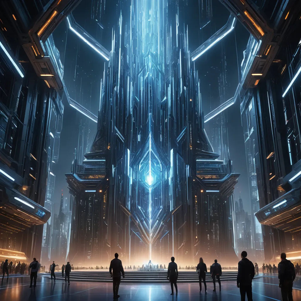 a futuristic city with a massive structure in the middle of it and people standing around it in front of it, space art, cyberpunk art, Cedric Peyravernay, rossdraws global illumination