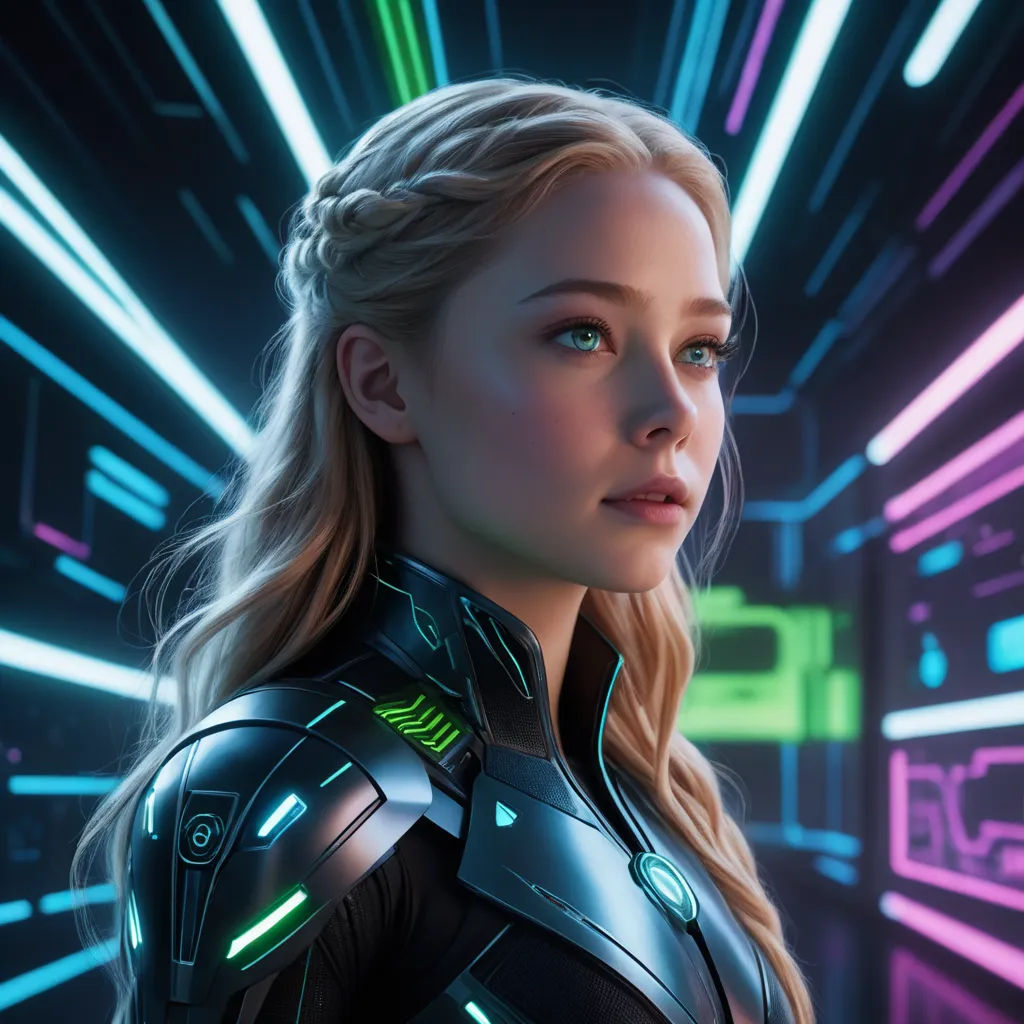 a woman in a futuristic suit looking into the distance with neon lights behind her and a neon background behind her, retrofuturism, computer graphics, Artgerm, rossdraws global illumination