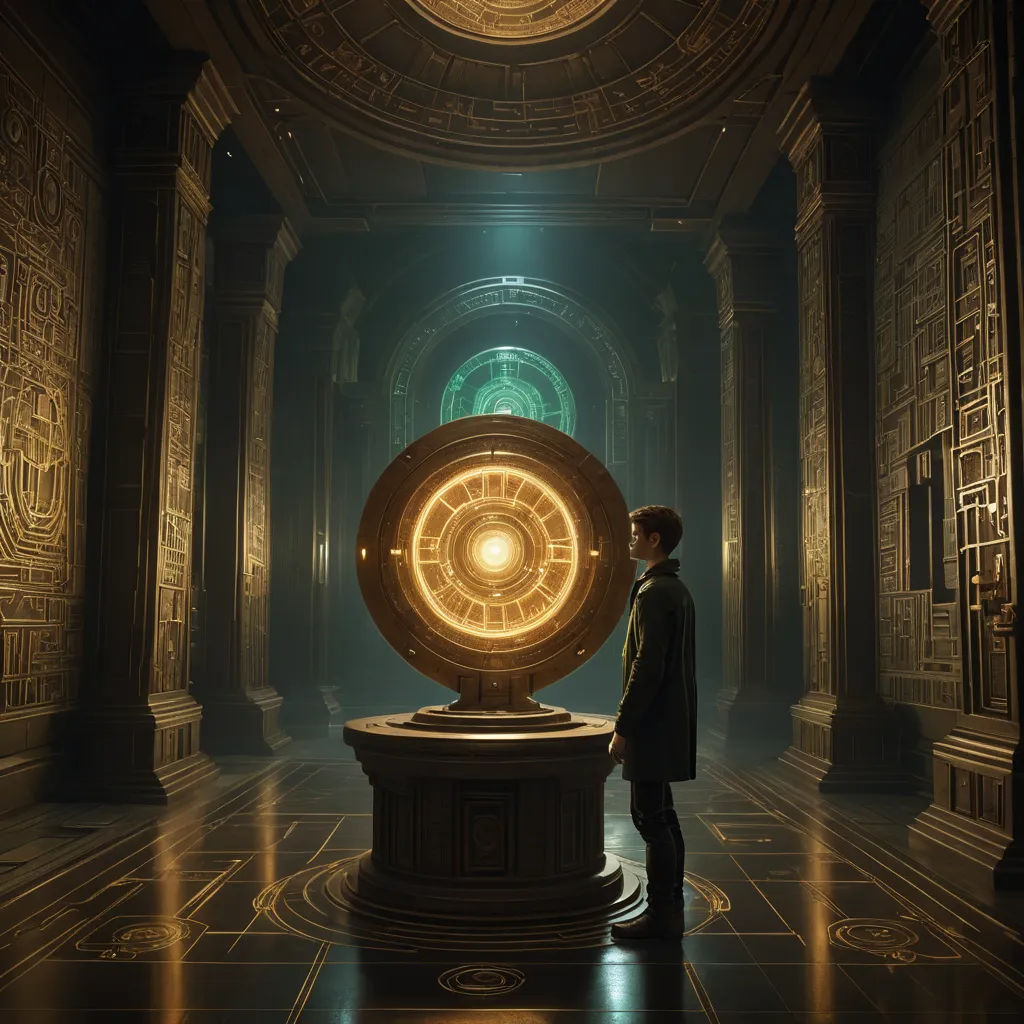 a man standing in a dimly lit room with a large object in the middle of it's floor, fantasy art, a detailed matte painting, Cedric Peyravernay, vfx