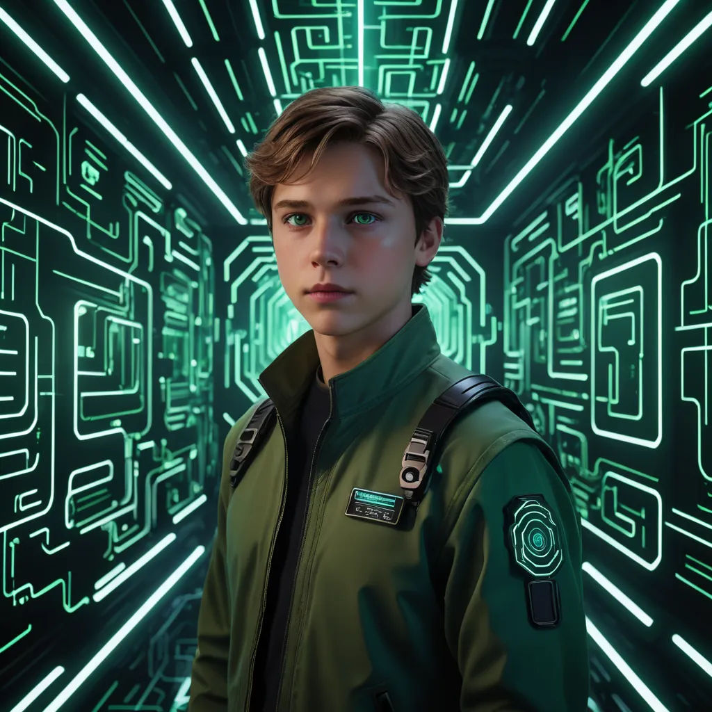 a boy in a green uniform standing in front of a green background with a maze pattern on it and a green light, sots art, concept art, Cedric Seaut (Keos Masons), key art