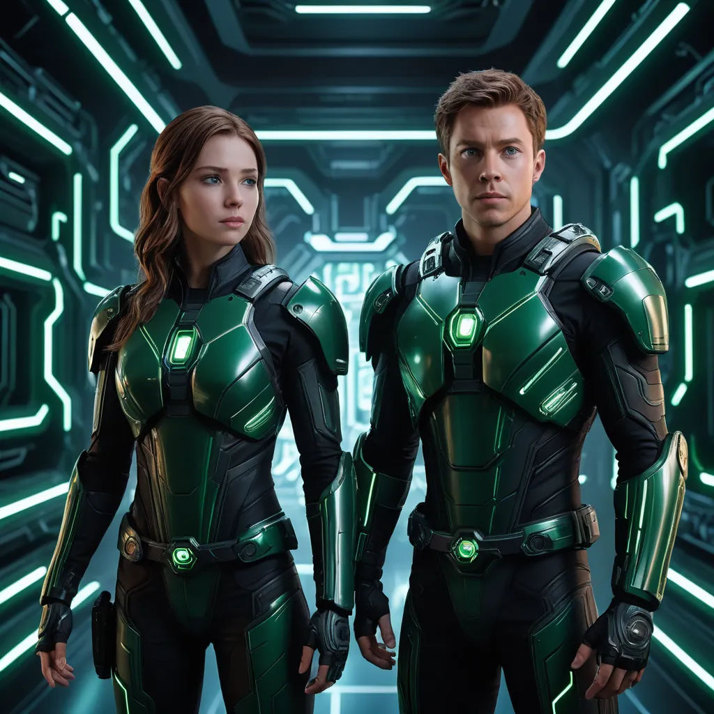 a man and a woman in futuristic suits standing in a tunnel with neon lights on the ceiling and a green light behind them, antipodeans, poster art, Barbara Greg, promotional image