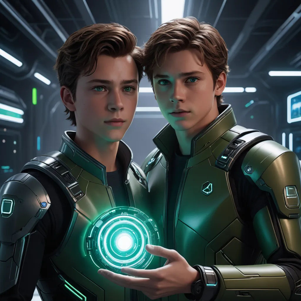 two young men in futuristic suits holding a glowing object in their hands in a dark room with lights on, photorealism, a hyperrealistic painting, Brothers Hildebrandt, rossdraws global illumination