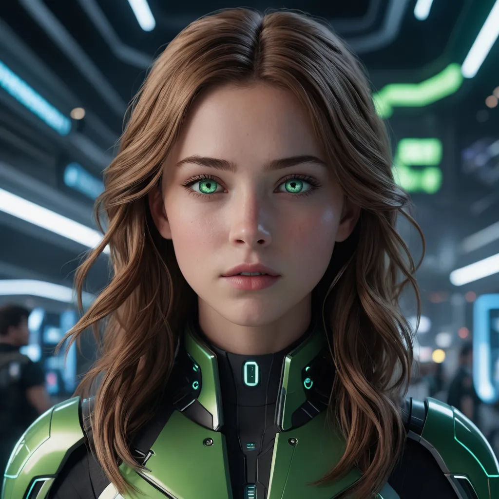 a woman in a futuristic suit with green eyes and a futuristic helmet on her head, standing in a futuristic space station, photorealism, a computer rendering, Eve Ryder, unreal 5 render