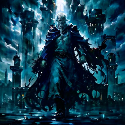 a man in a blue robe standing in front of a city at night with a giant demon on his back