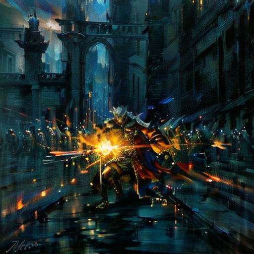a painting of a man with a gun in a city street at night with a firework effect in the foreground