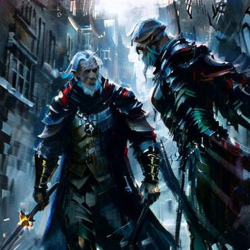 two men in armor walking down a city street together, one of them is holding a sword and the other is holding a sword