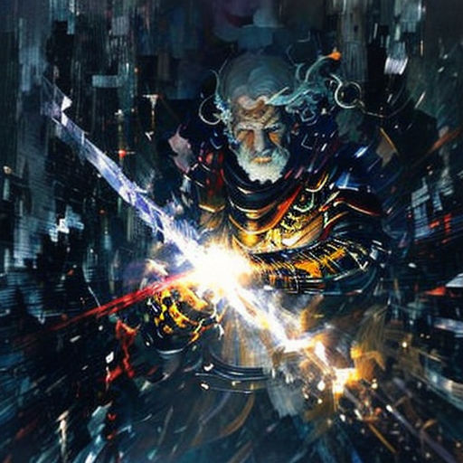 a man holding a sword in a city with buildings in the background and a lightening effect in the foreground