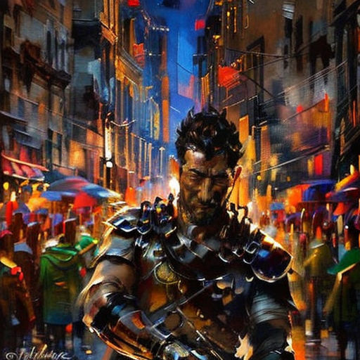 a painting of a man in armor holding a sword in a city street at night with people walking by