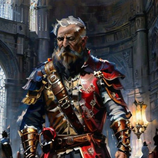 a man in a suit with a beard and a beard standing in front of a castle with a sword