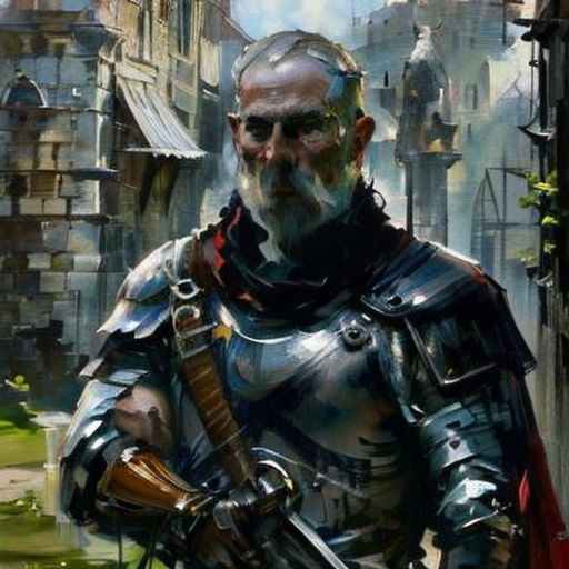 a man in armor holding a sword and a sword in his hand in front of a castle like setting