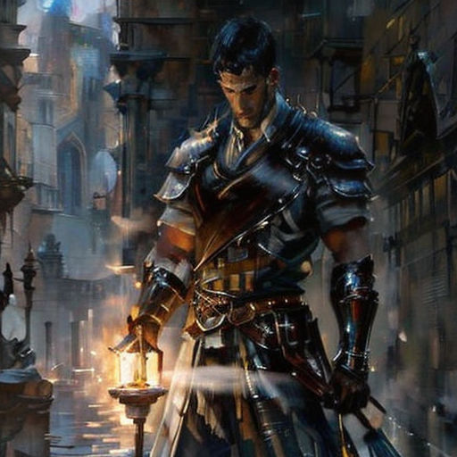a man in armor holding a lantern in a city street with buildings and a clock tower in the background