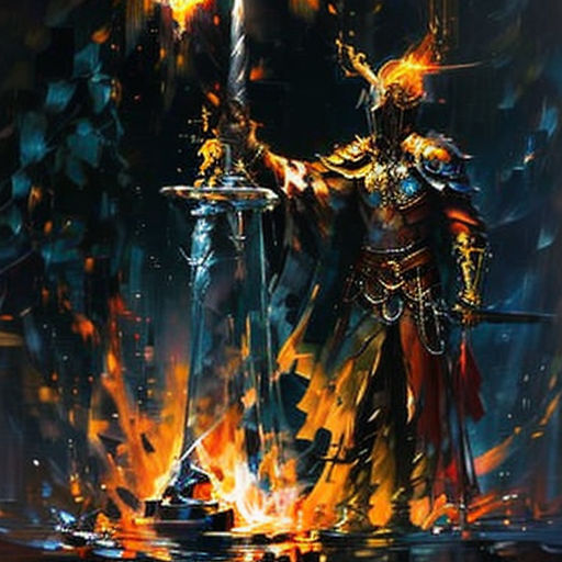 a painting of a knight holding a sword in flames with a sword in his hand and a sword in his other hand
