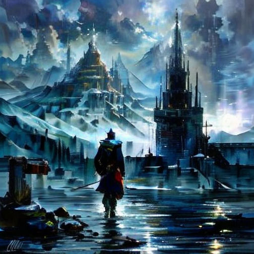 a man walking across a wet road near a castle in the sky with a sword in his hand and a castle in the background