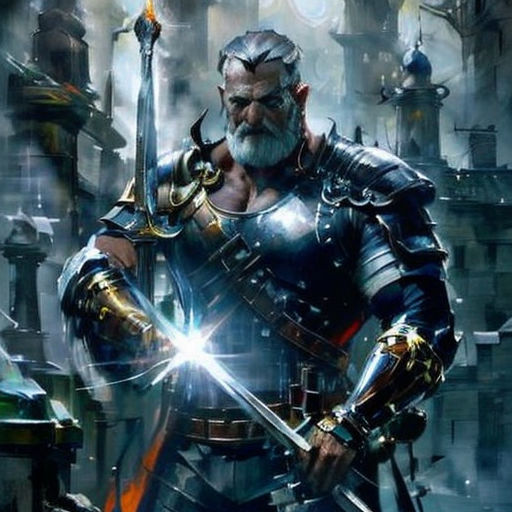 a man in armor holding a sword and a sword in his hand, with a city in the background
