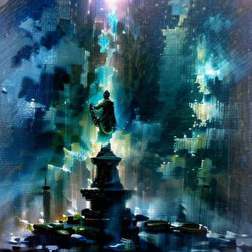 a painting of a fountain with a person on it in the middle of a city at night with lights