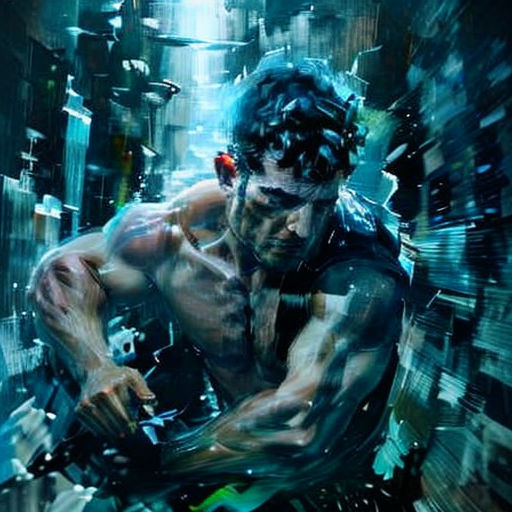 a man with a futuristic body and a futuristic background is depicted in this digital painting of a man in a futuristic city