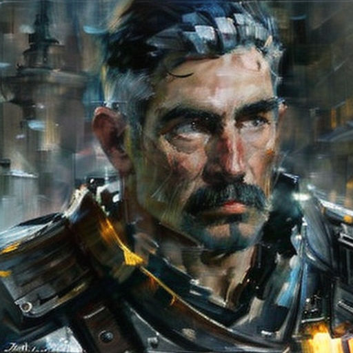 a man with a beard and a suit of armor in a cityscape background with a futuristic city