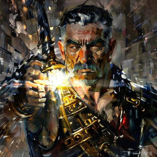 a man holding a gun in his hand and a light shining through it's fingers, with a city in the background