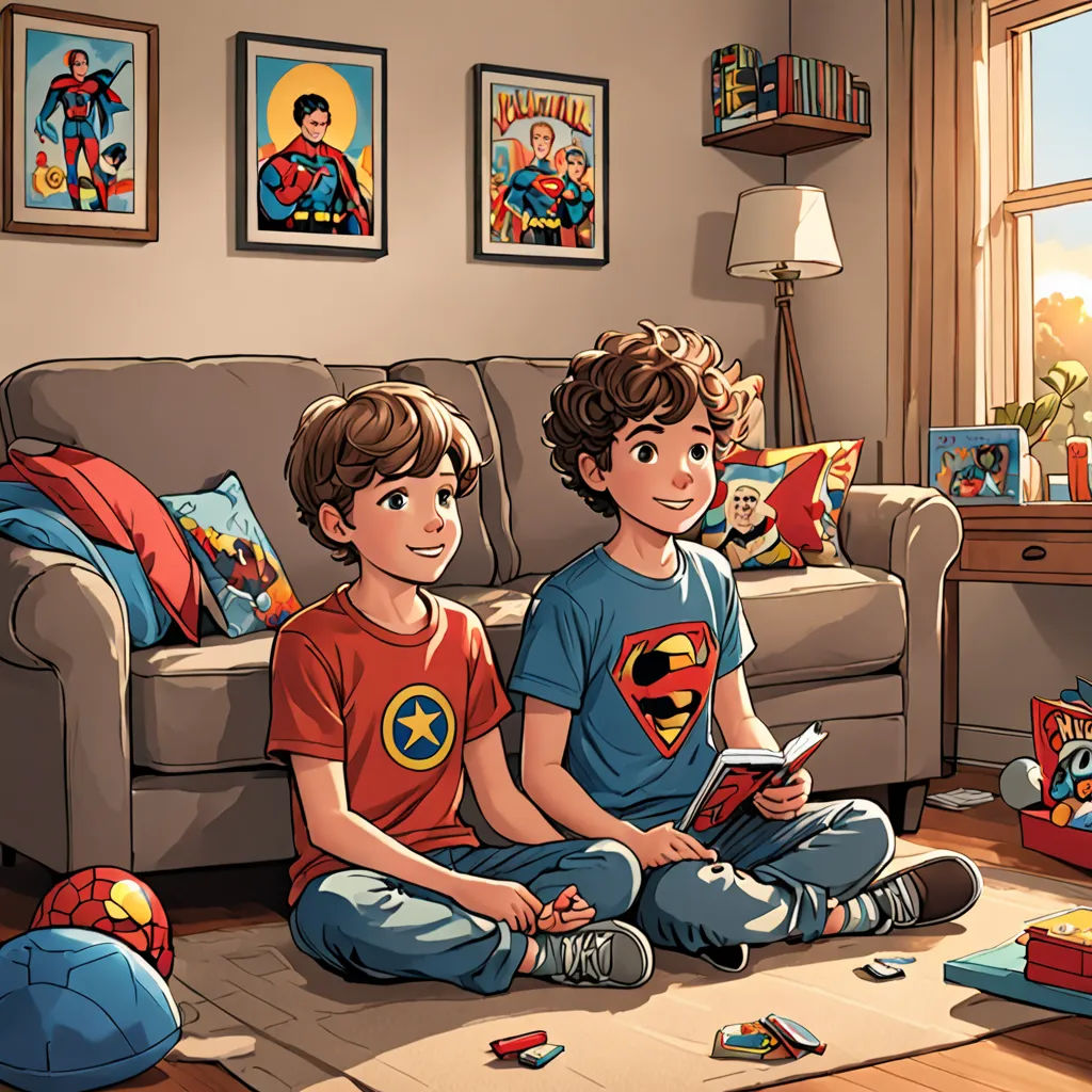 a boy and a girl sitting on the floor in front of a couch with toys on the floor and a window, superflat, a comic book panel, Diego Gisbert Llorens, comic book