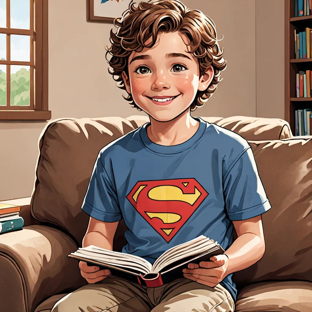 a boy sitting on a couch reading a book with a superman t - shirt on his shirt and a book in his lap, hyperrealism, a storybook illustration, Everett Warner, comic book