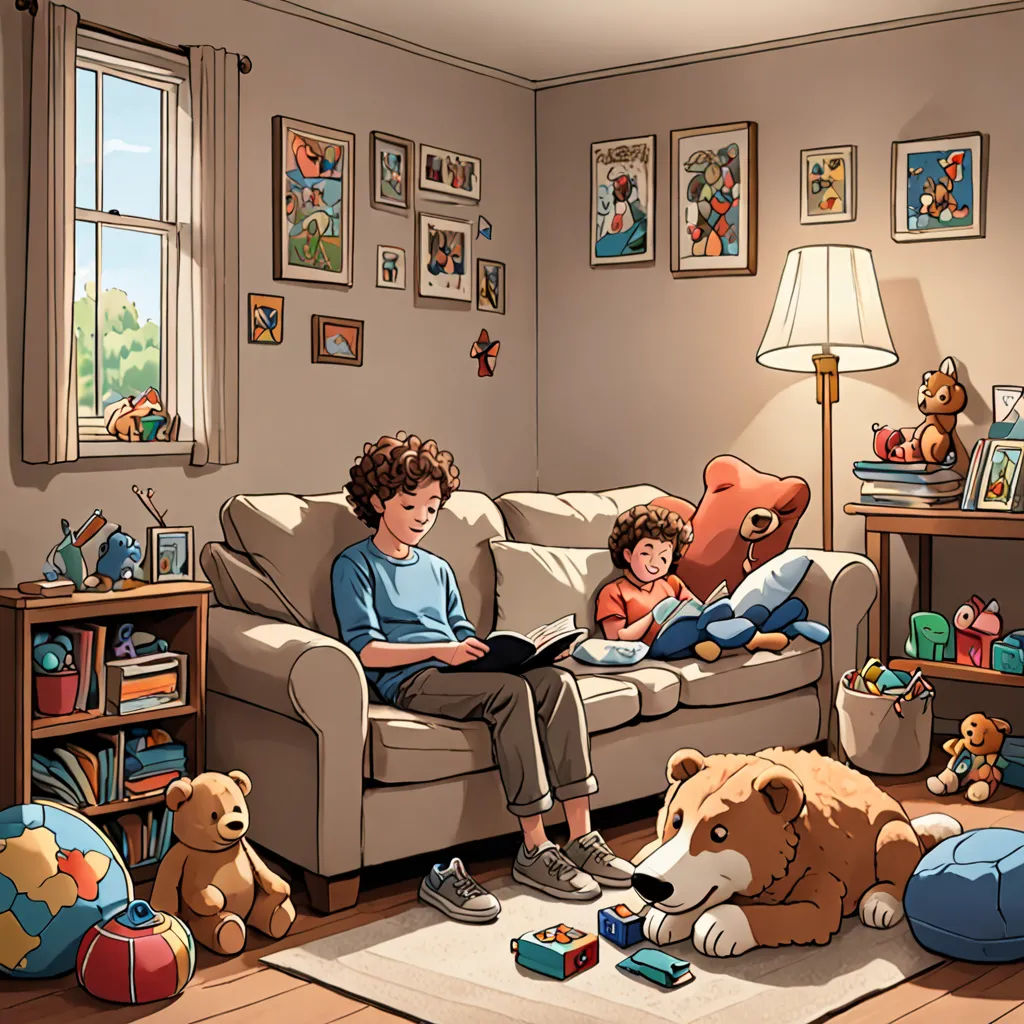 a boy and a boy sitting on a couch reading a book with a dog laying on the floor next to them, lyco art, a storybook illustration, Chris LaBrooy, storybook illustration