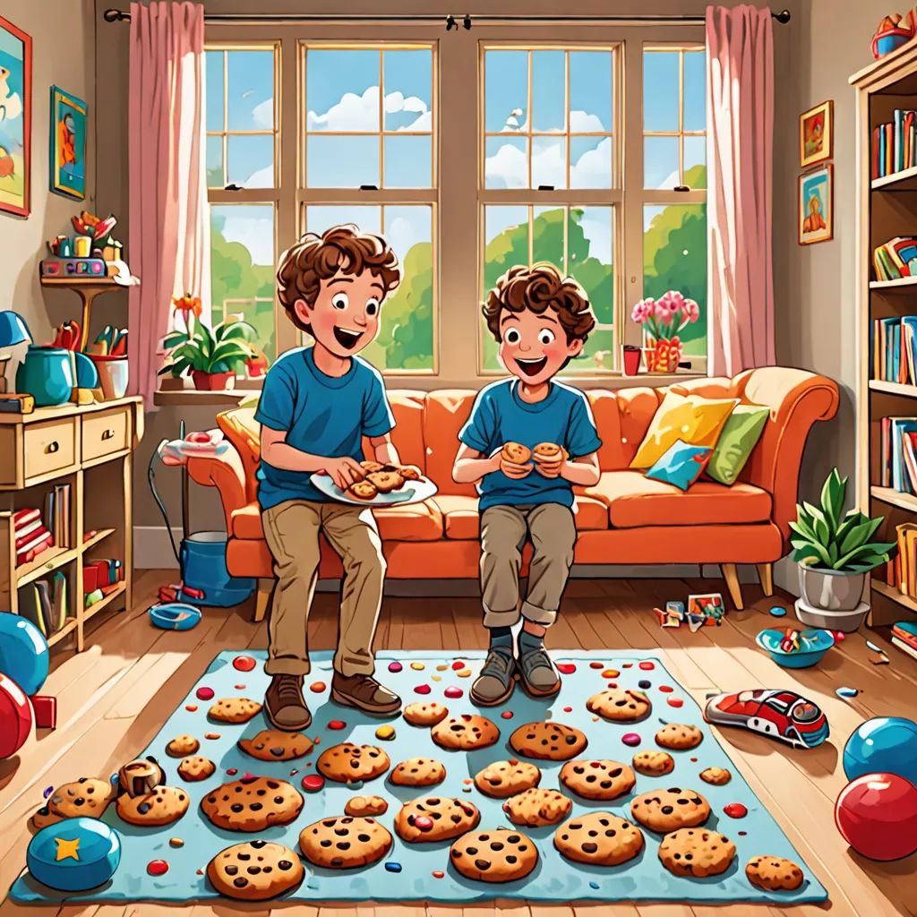 a couple of kids sitting on a couch in a living room with cookies on the floor and a rug, lyco art, a storybook illustration, Chris LaBrooy, highly detailed digital painting