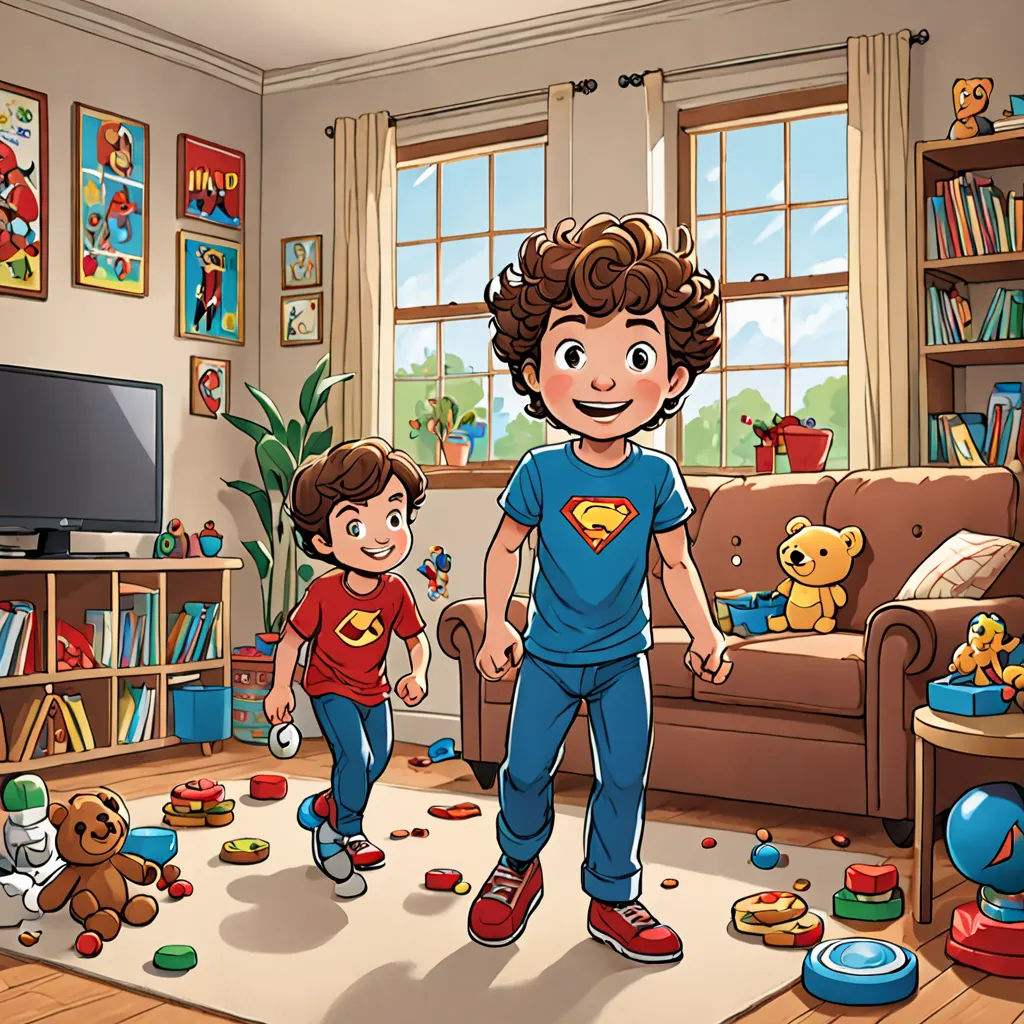 a boy and a girl playing in a living room with toys and toys on the floor and a television, lyco art, a storybook illustration, Diego Gisbert Llorens, official art
