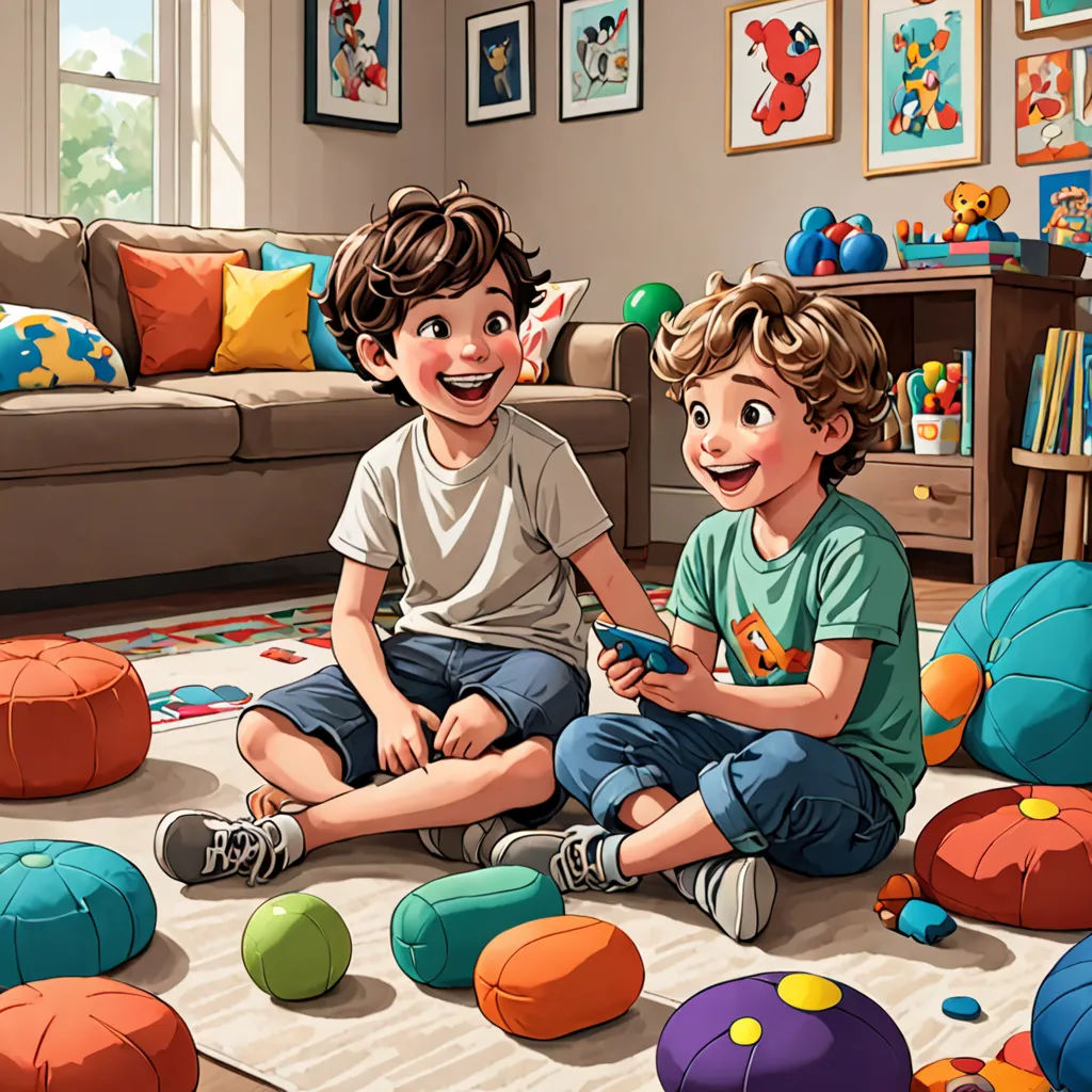 two children sitting on the floor playing with toys in a living room with a couch and a coffee table, sots art, a storybook illustration, Diego Gisbert Llorens, official art
