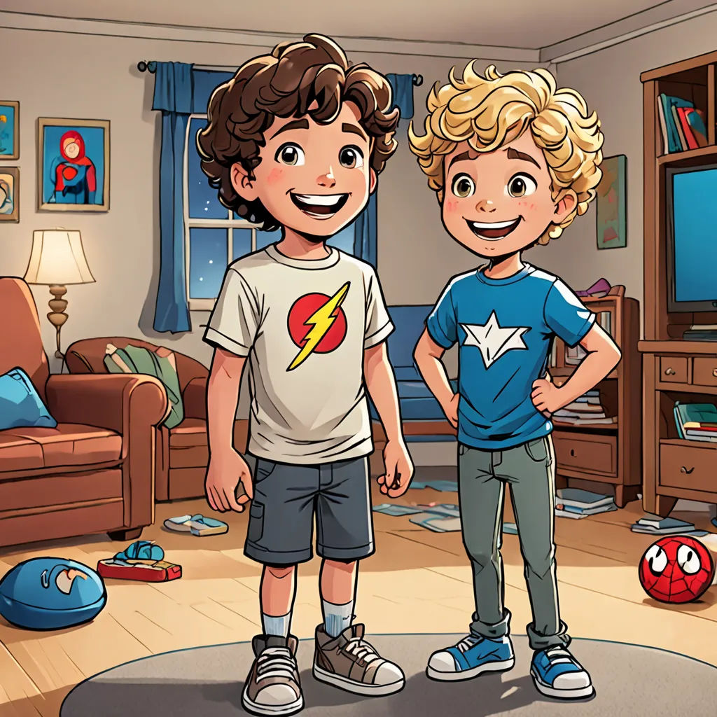 two young boys standing in a living room with a tv in the background and a couch in the foreground, sots art, a comic book panel, David Park, official art