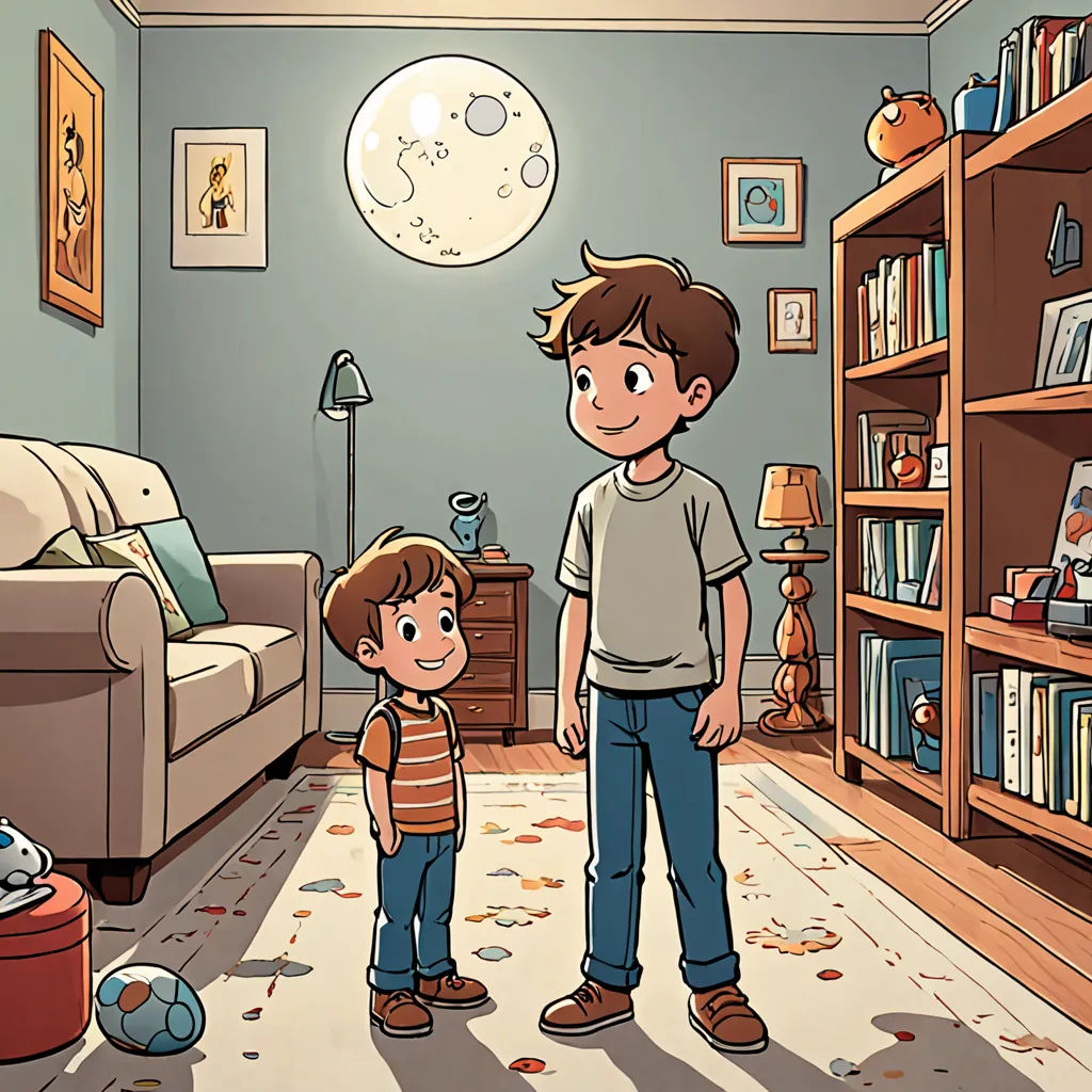 a boy and a boy standing in a living room with a book shelf and a couch in the background, space art, a storybook illustration, Diego Gisbert Llorens, storybook illustration
