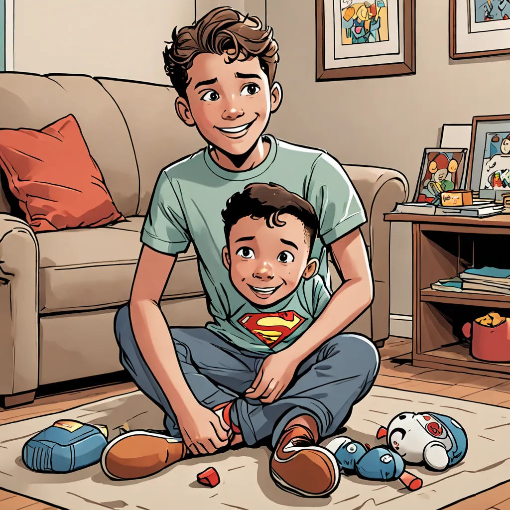 a man and a child are sitting on the floor in a living room with toys and a couch in the background, superflat, a comic book panel, Diego Gisbert Llorens, comic cover art