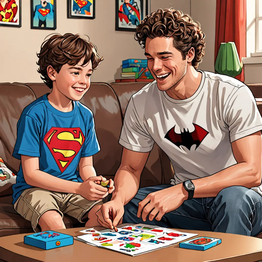 a man and a boy playing a game on a couch together in a living room with a couch and a table, visual art, a comic book panel, Diego Gisbert Llorens, comic book