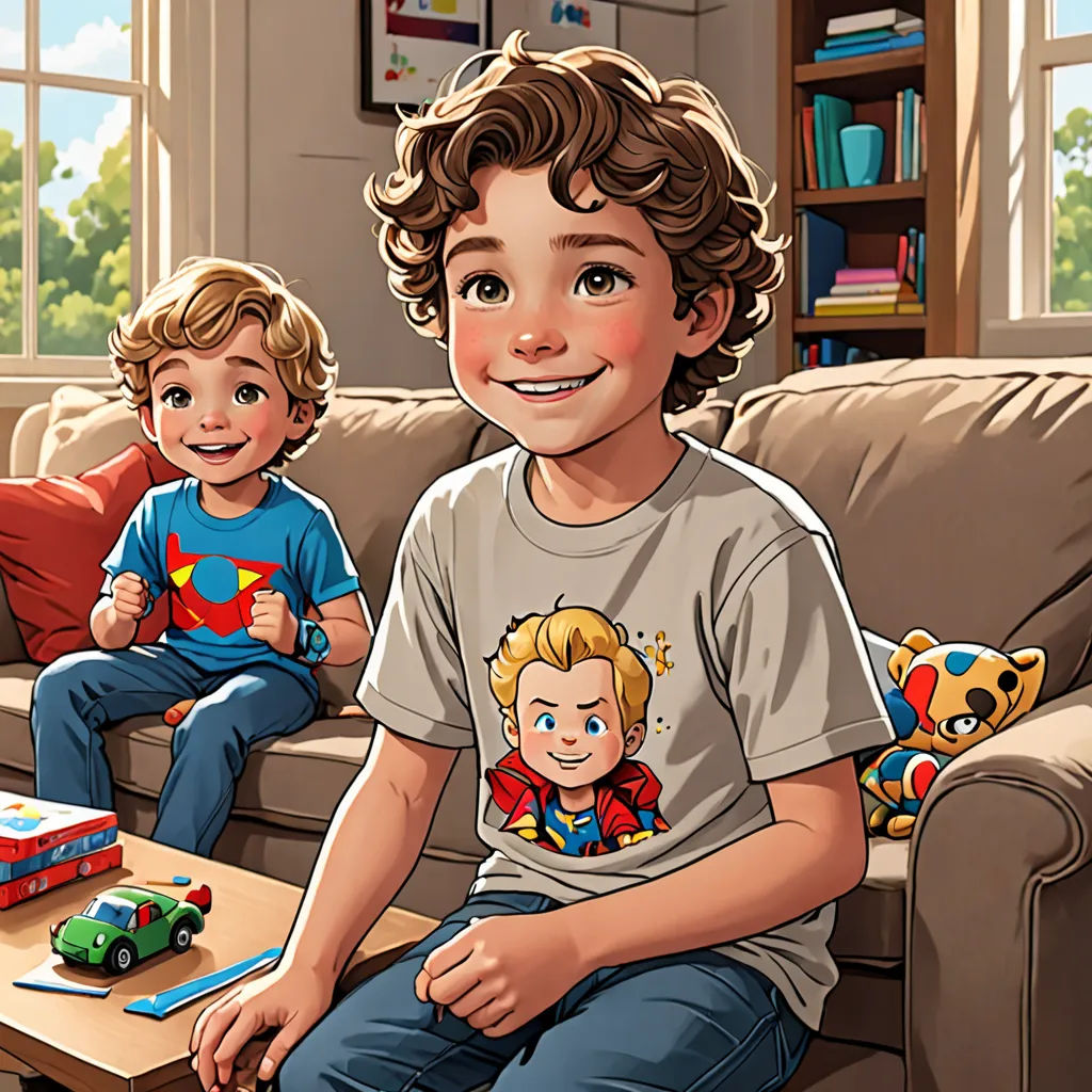a boy and a boy sitting on a couch with a toy car and a teddy bear on the coffee table, american scene painting, a storybook illustration, Brothers Hildebrandt, official art