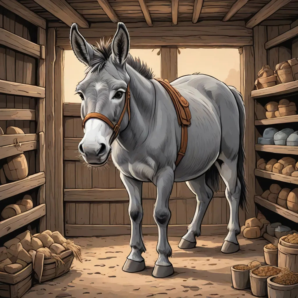 a horse standing in a barn with a lot of bread on the shelves behind it and a basket of bread on the floor, context art, a storybook illustration, David Teniers III, storybook illustration
