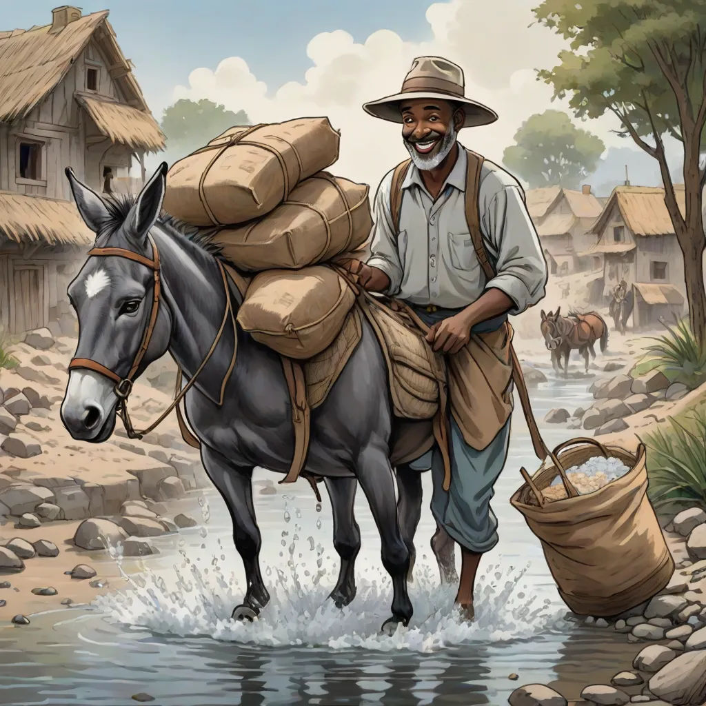 a man riding a horse carrying a load of bags across a river next to a village and a cow, figurativism, a storybook illustration, Cedric Seaut, magic the gathering artwork