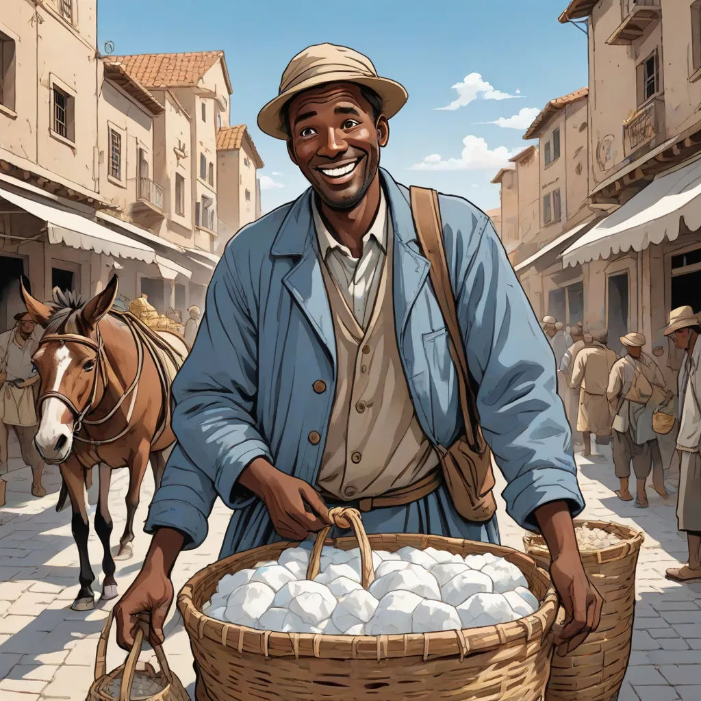 a man holding a basket of eggs in a street with a horse in the background and a horse in the foreground, harlem renaissance, a storybook illustration, Asaf Hanuka, graphic novel