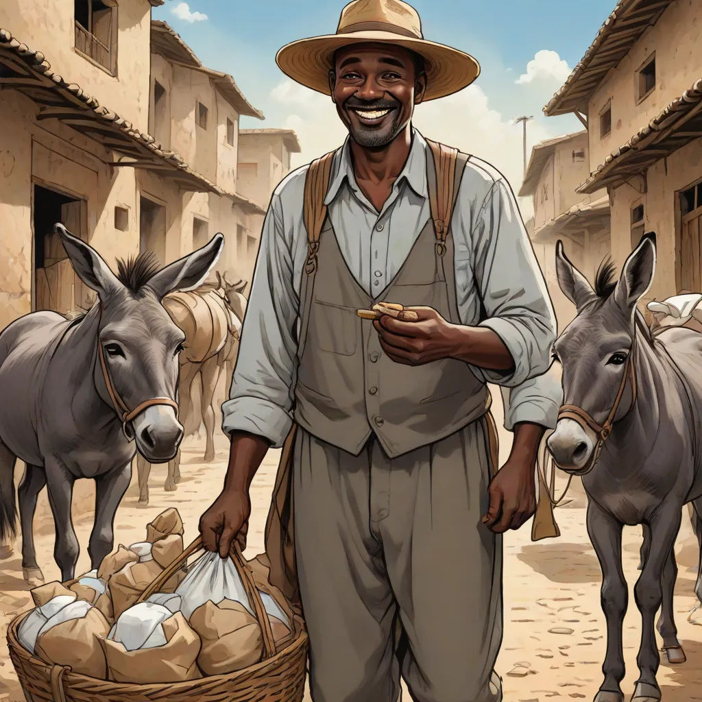 a man standing next to donkeys in a village with a basket of eggs in his hand and a donkey in the background, harlem renaissance, a storybook illustration, Ernest Briggs, western comic book art
