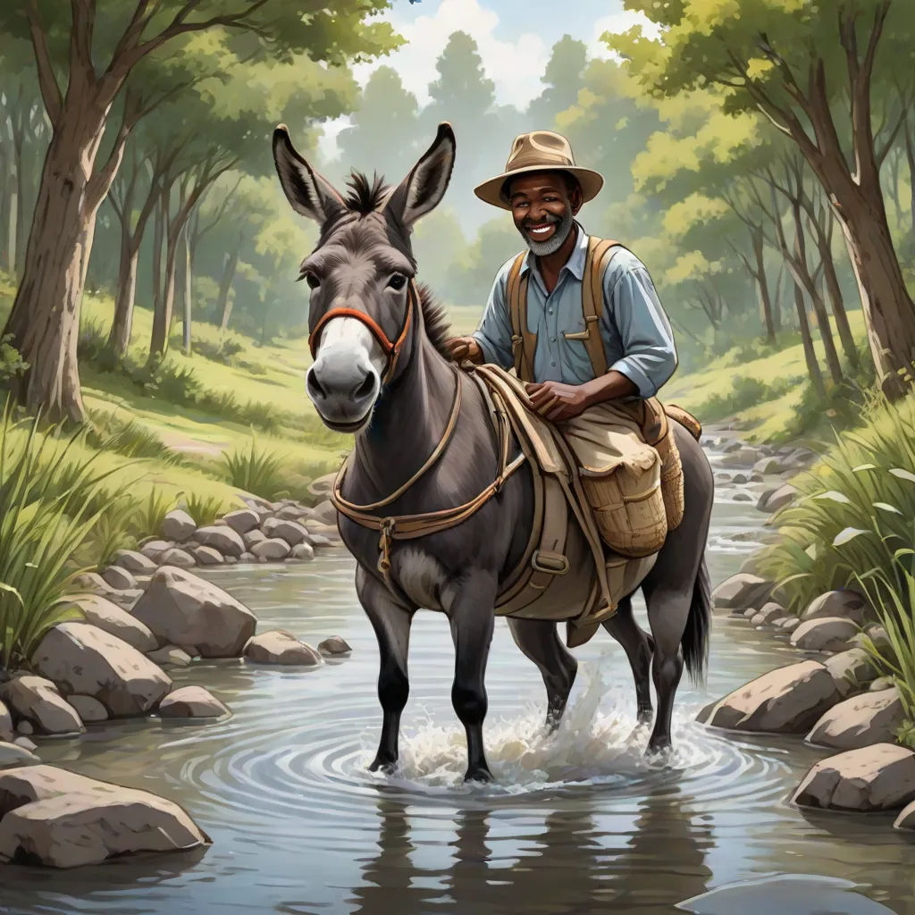 a man riding a donkey through a river in a forest with rocks and trees on both sides of the river, american scene painting, a storybook illustration, A. B. Jackson, storybook illustration
