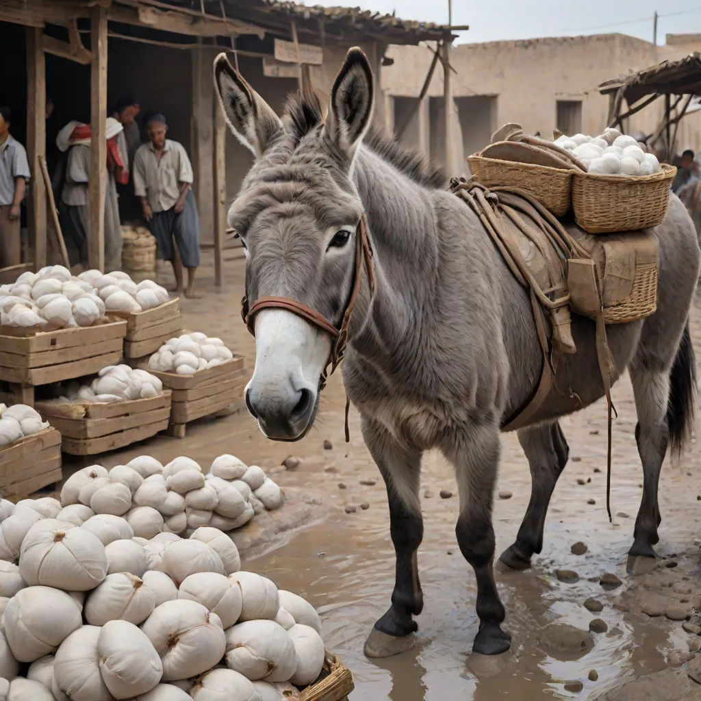 a donkey standing in a muddy street next to a pile of eggs and potatoes on a cart with a man standing next to it, neoism, a stock photo, Bourgeois, award - winning photography