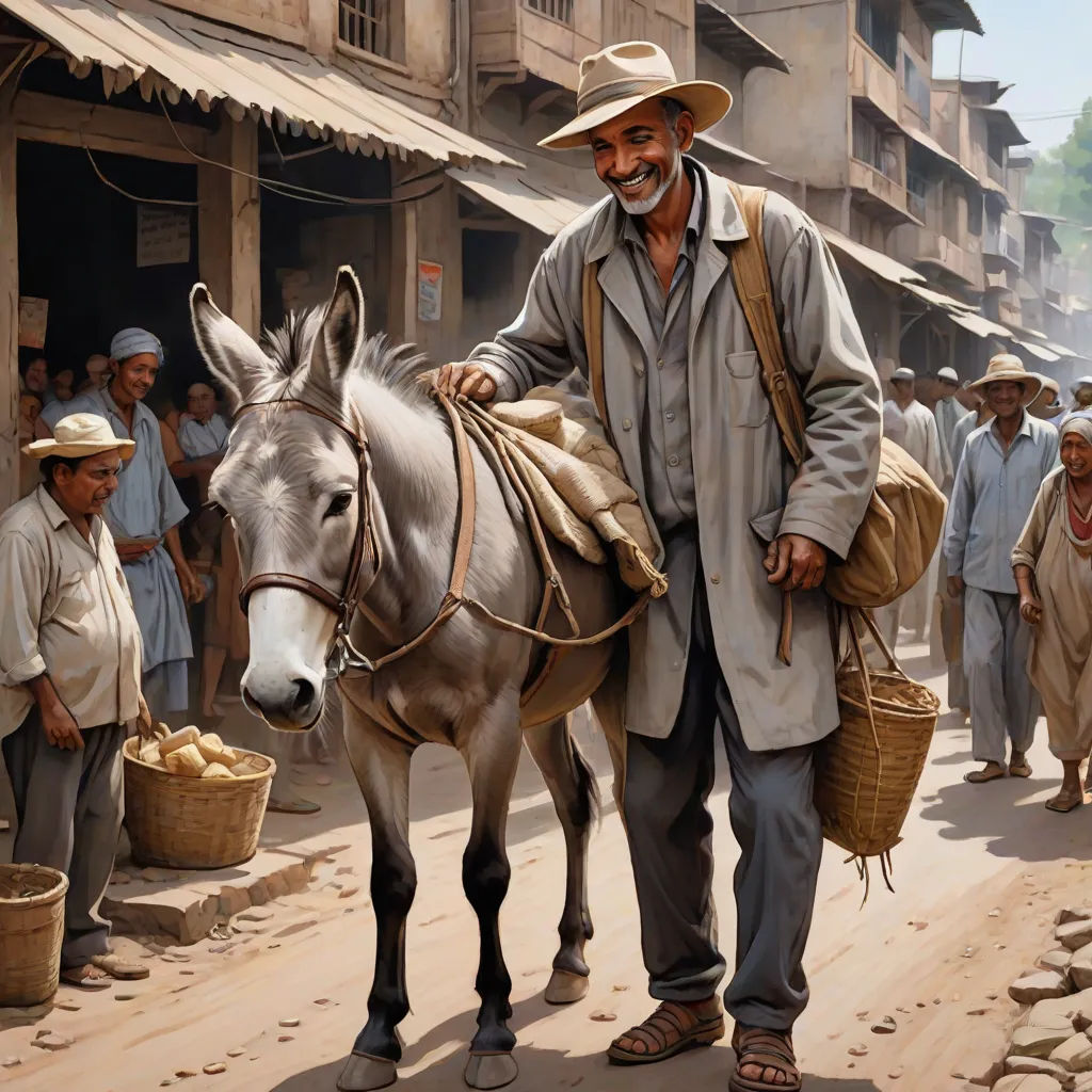 a man is walking with a donkey in a village with people and buildings in the background and a crowd of people walking on the street, figurative art, a detailed matte painting, Clint Cearley, highly detailed digital painting