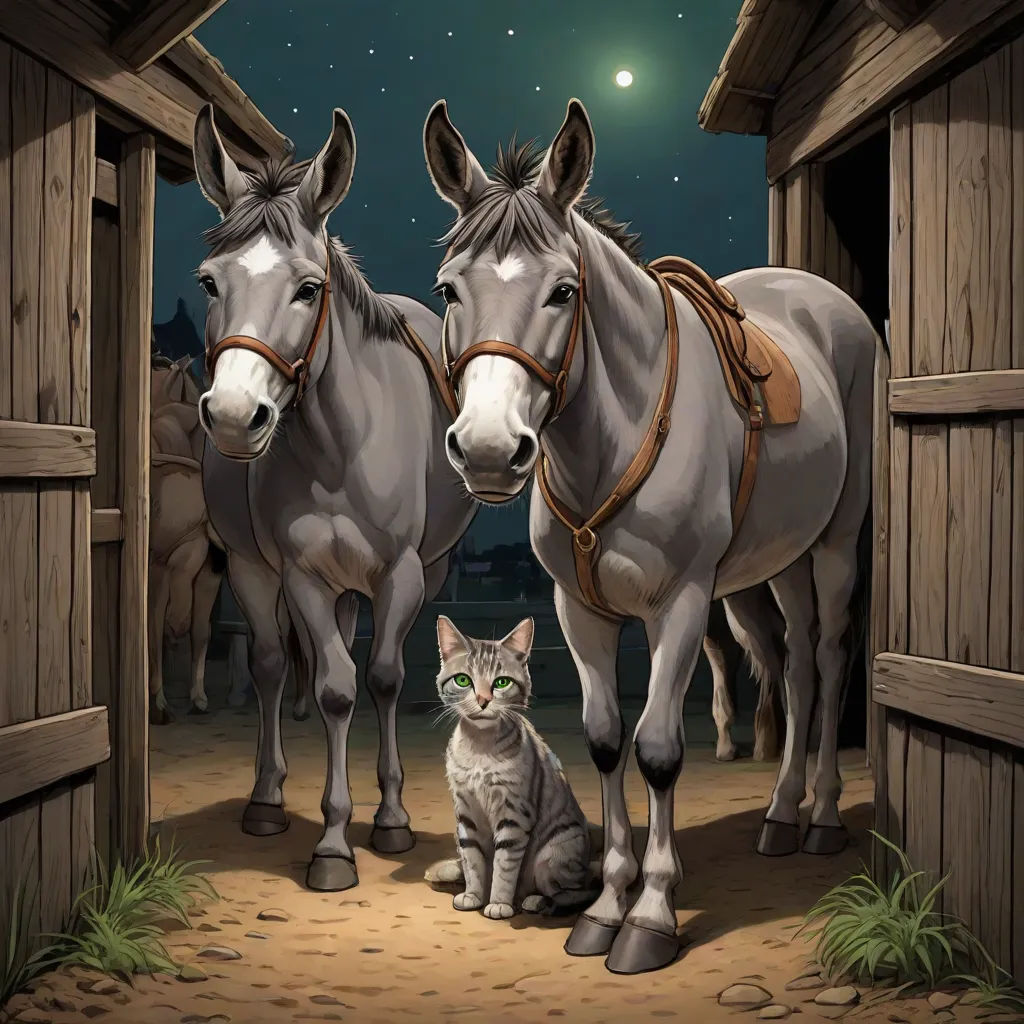 a cat sitting next to two horses in a barn at night with a full moon in the sky behind them, furry art, a storybook illustration, F Scott Hess, official art