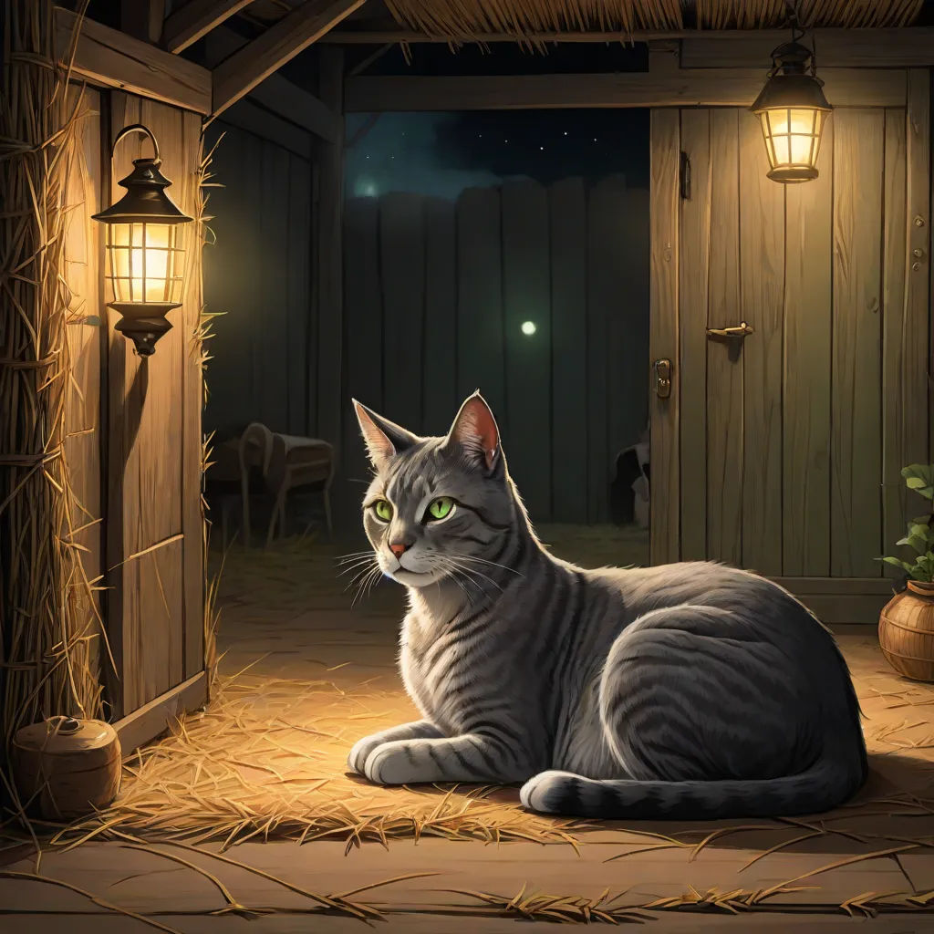 a cat sitting in a barn looking at the camera with a full moon in the background and a lantern in the foreground, fantasy art, a storybook illustration, Dan Mumford, kinkade