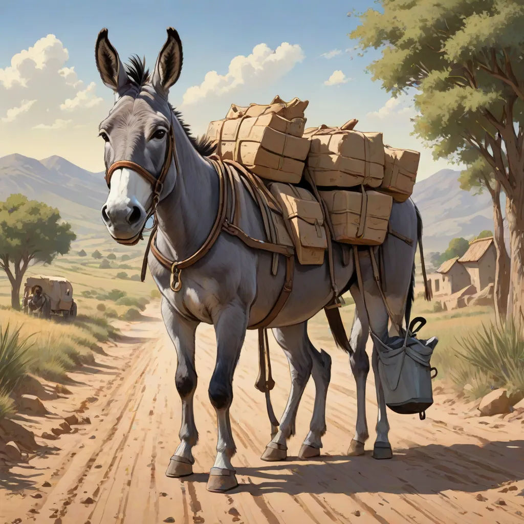 a donkey with a load of bricks on its back walking down a dirt road with a basket on its back, american scene painting, a detailed painting, Alejandro Burdisio, magic the gathering artwork