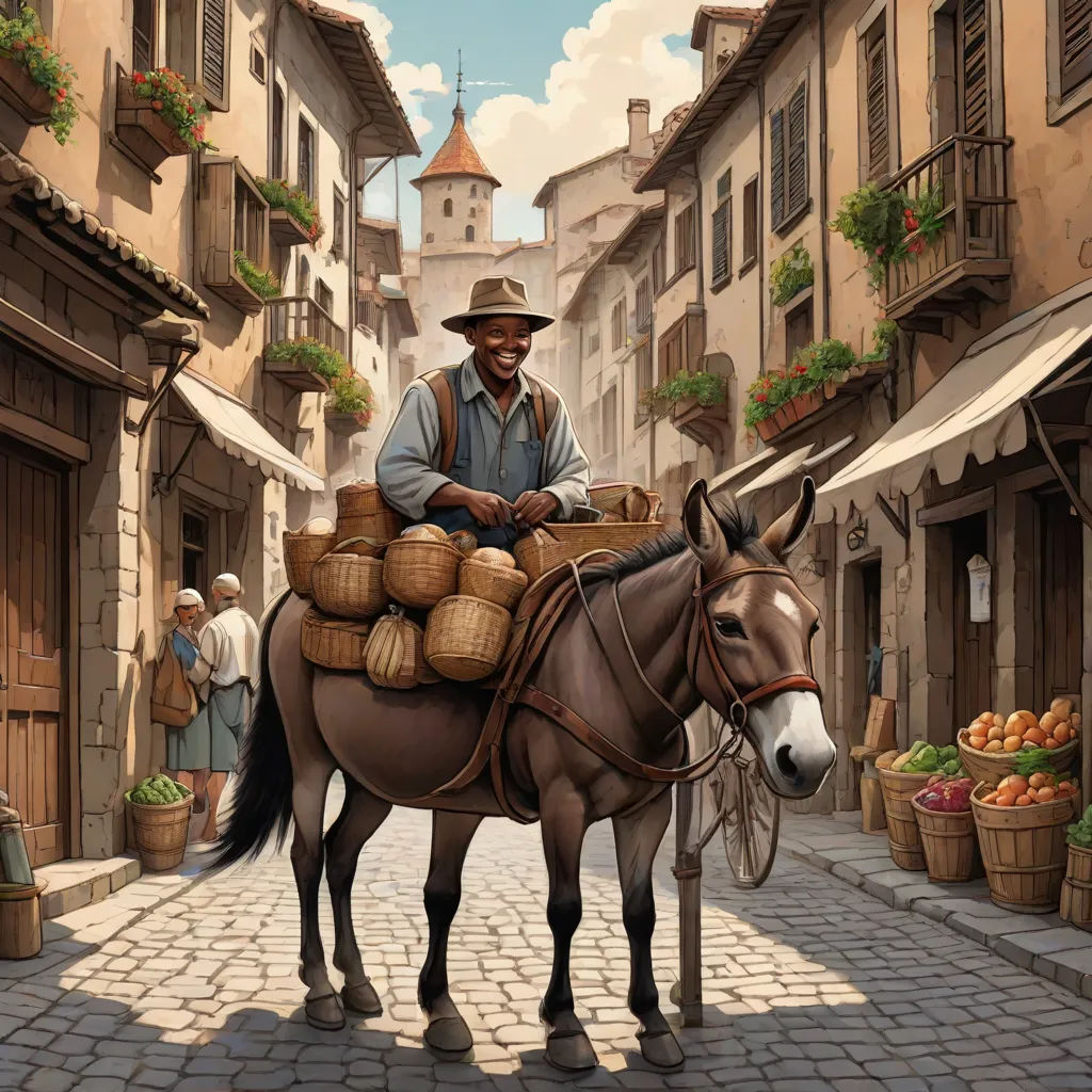 a man riding a horse down a street next to a building filled with fruit and vegetables on it's back, fantasy art, a storybook illustration, Chris LaBrooy, highly detailed digital painting